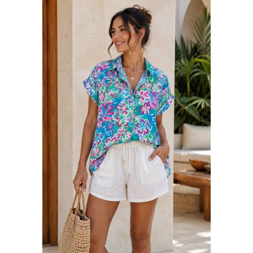 Time and Tru Linen Lyocell Floral Button Front Blouse Women Medium Tropical